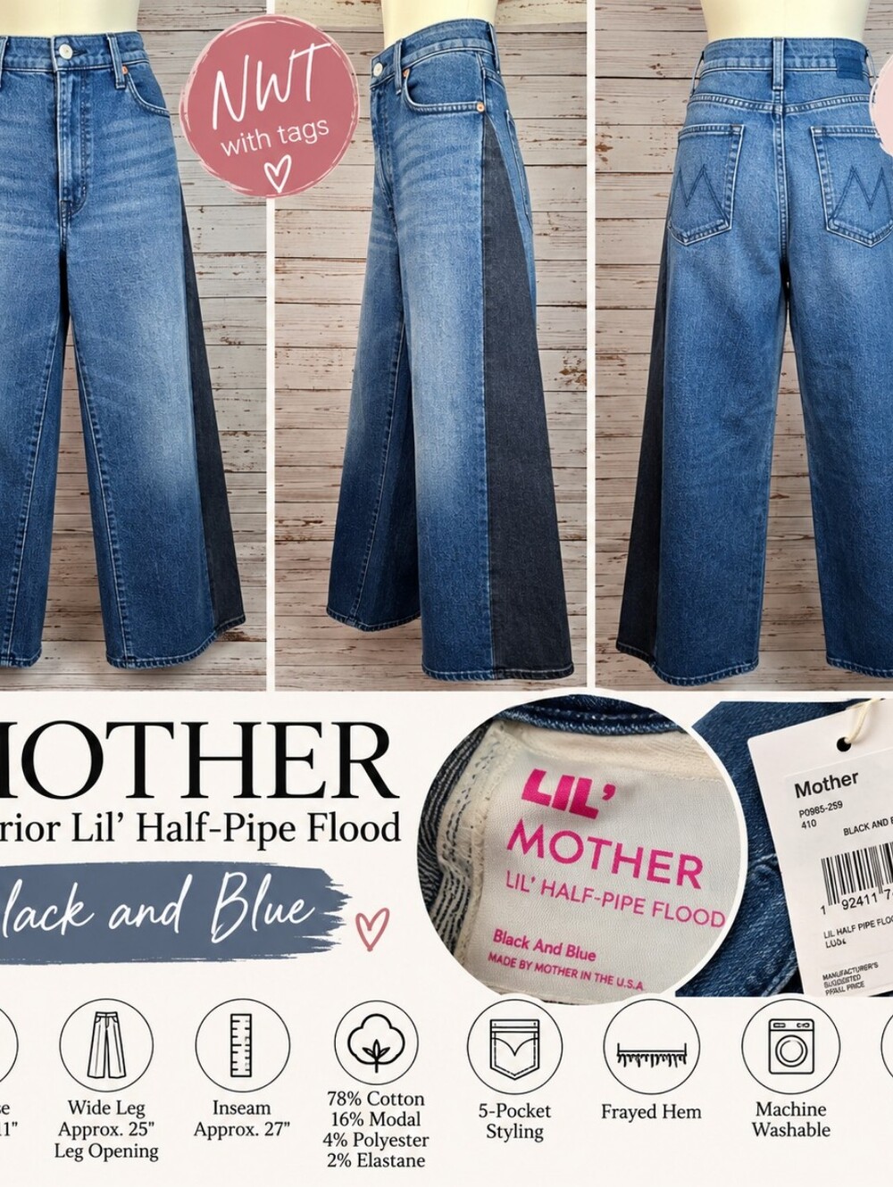 MOTHER Superior Lil' Half-Pipe Flood Barrel Jeans 30 Black and Blue NWT